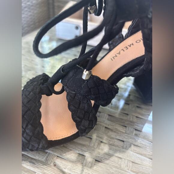 ANTONIO MELANI Black Suede Braided Lace-Up Sandals Heels Size 6. - Picture 7 of 10